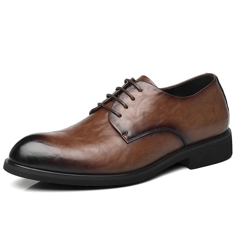 Hong Kong style retro hand-scratched formal business leather shoes men's British style pointed head inner height increase trendy men's leather shoes