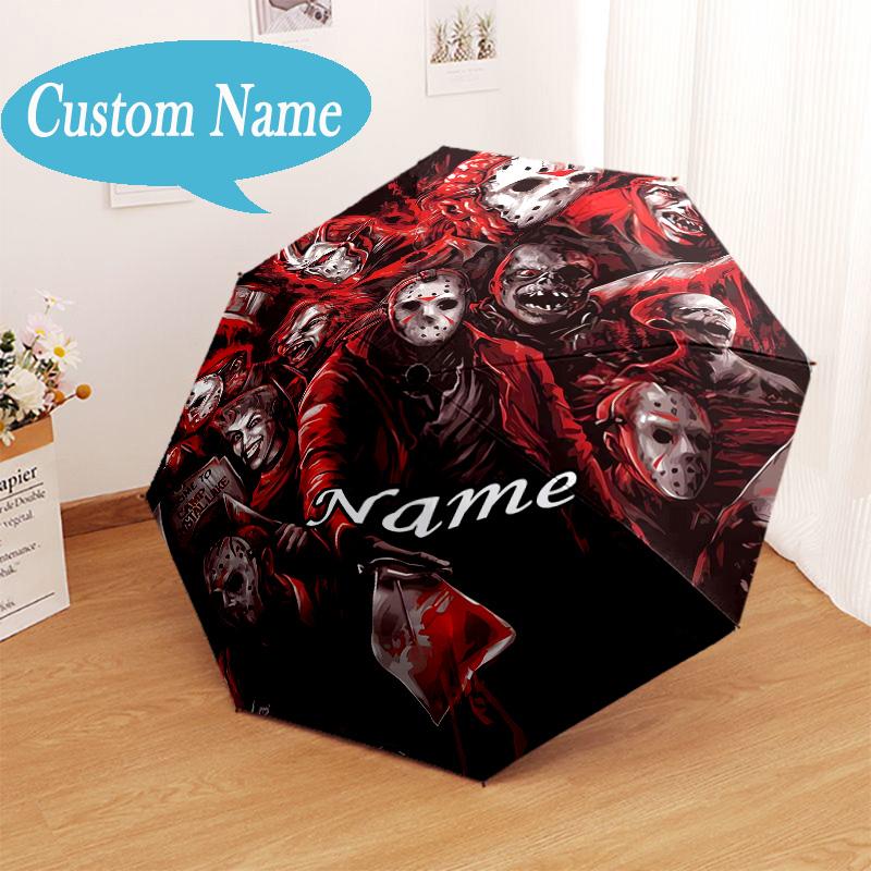 Custom Name Horror Characters Umbrella Folding Umbrella, Automatic Umbrella 8-Frame for Travel, Casual Lightweight Birthday Christmas gift