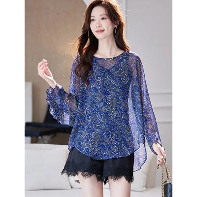 Camicia rotonda in chiffon riducente dell'età e snellente, nuovo stile moda estiva, camicia casual versatile che copre le forme