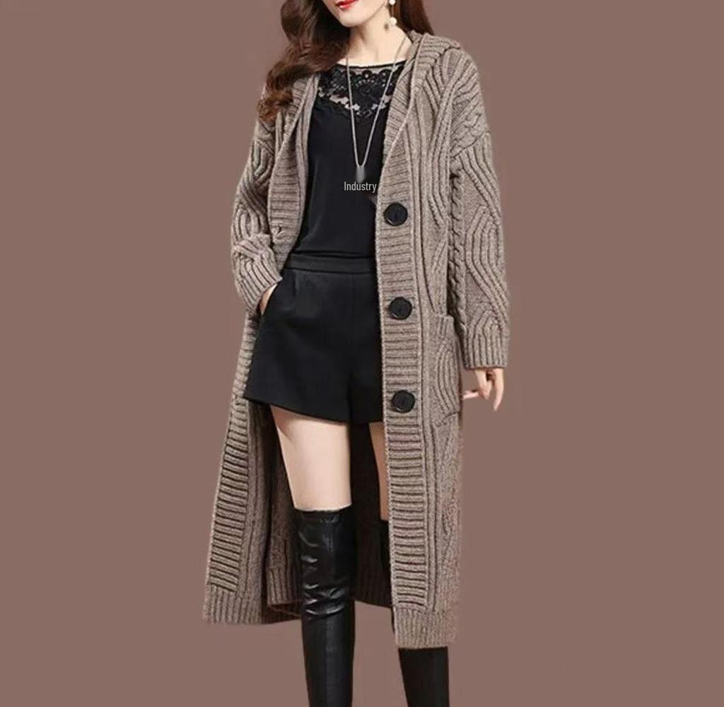 Women's Long Hooded Knit Cardigan - Thick, Over-Knee, Loose Fit Sweater Coat, Solid Color Shawl Design
