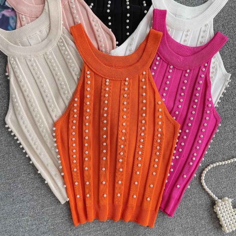 Pure Desire Top Women's Heavy Industry Beads Slim-fitting Short Sexy Off-the-shoulder Neck Sling Vest Women's Versatile Knitted Sweater Tide