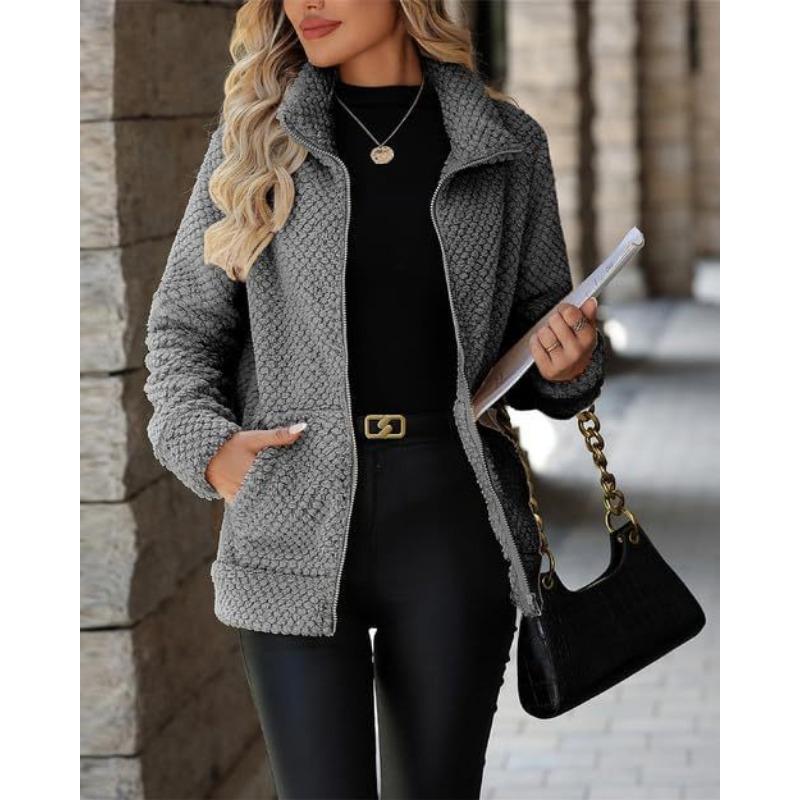 Women S Loose Casual Plush Coat With Pockets Lapel Zip Up
