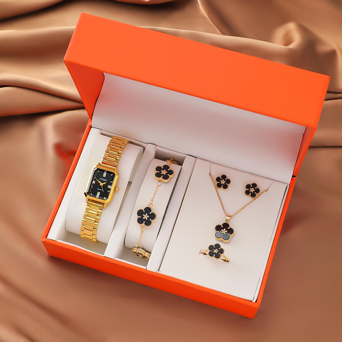 

Набор из 5 женских кварцевых часов с украшениями в виде пятилепесткового цветка, без подарочной коробки, квадратная инкрустация бриллиантами, стальной браслет золотой