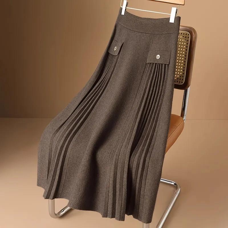 Women Vintage Skirts for High Waist A-line Thicked Knitted Pleated Long Skirt
