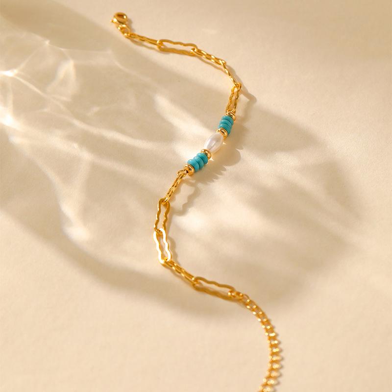 Elegant Niche 18k Gold Plated Copper Pearl Turquoise Bead Bracelet For Women