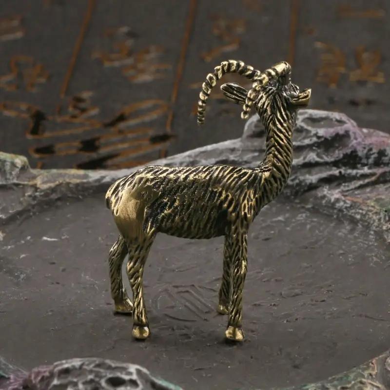 Solid Brass Goat Figurine, Antique-Style Creative Desktop Tea Pet Decor, Zodiac Sheep Craft Gift