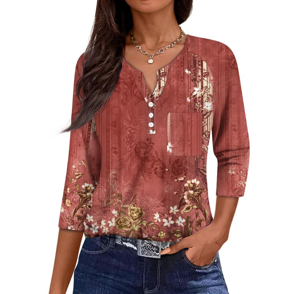 Ladies Casual Fashion V-neck Loose Versatile Floral Print Three-quarter Sleeves