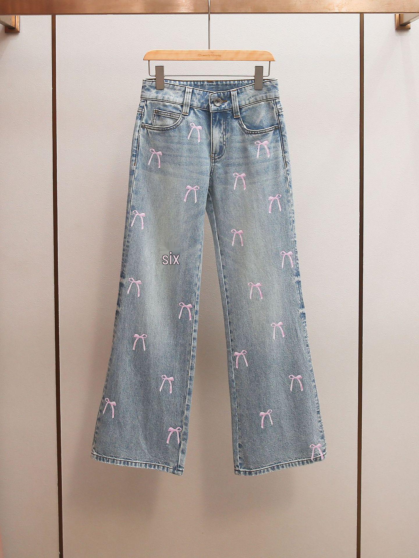 

Spring French-Style High-Waist Bow Denim Pants for Women Medium синий