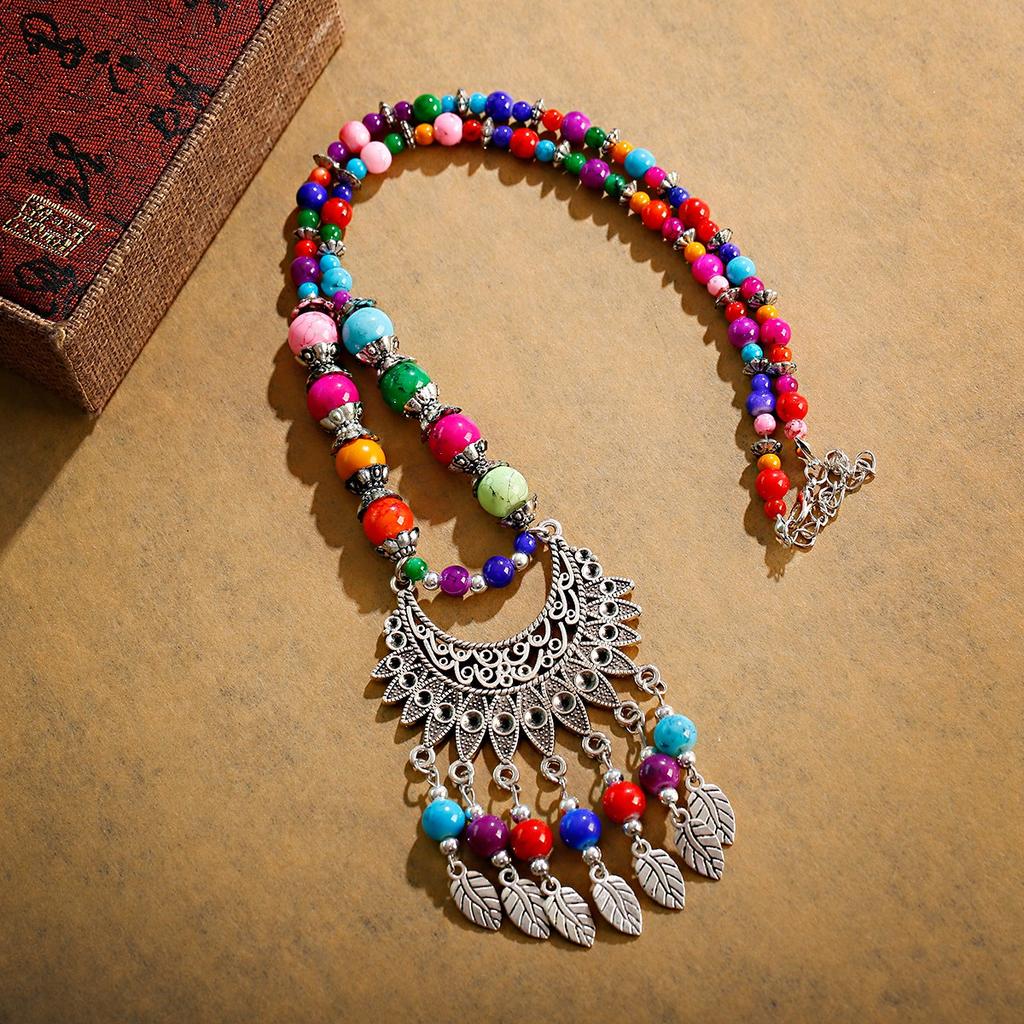 Bohemian Etnický Styl Přírodní Kámen Tyrkysy Náhrdelník Slitinový Přívěsek Kovový Peříček Střapec Náhrdelník Zirkonové Doplňky Ženský