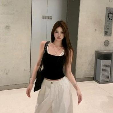 Fake two-piece rivet contrasting color sling vest women's summer American sweet spice girl slim and thin niche chic small top