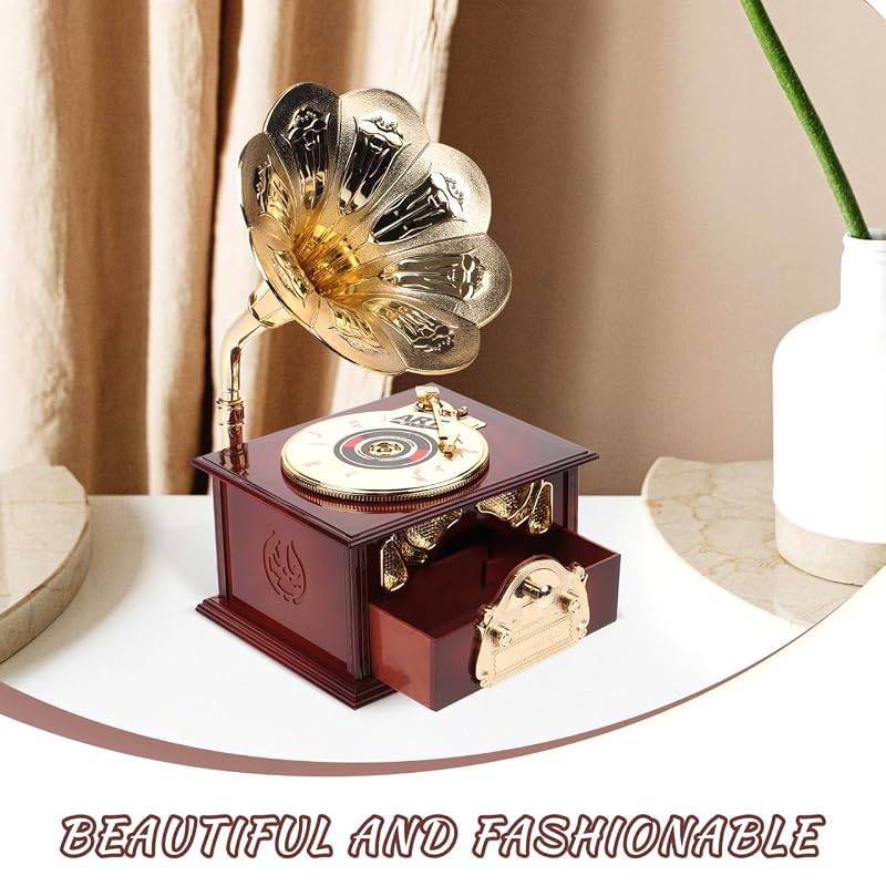 Toyvian Phonograph-Style Wind-Up Music Box, Design, Interior Decoration, Gift Idea, 9.06 X 5.12 X 4.33 Inches, ABS Material, Perfect for Desk Decor