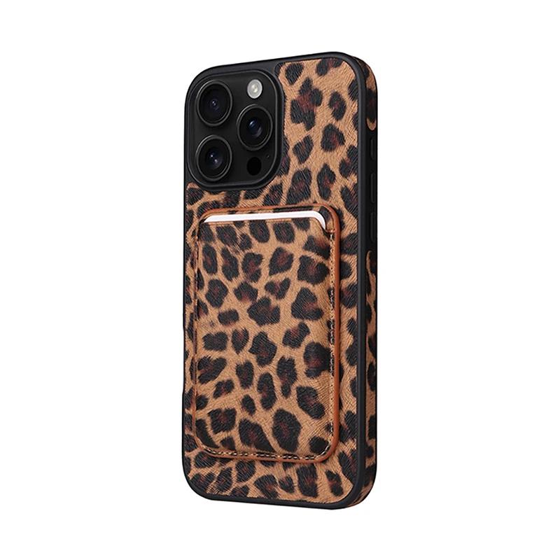 2 In 1 Strong Magnetic For iPhone 17 Pro 16 15 14 Pro Max Magsafe Card Holder Wallet Leather Case Leopard Saffiano Carbon Fiber