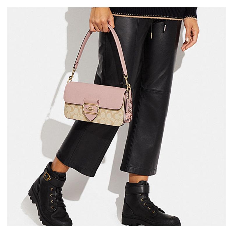 COACH Morgan 27 detachable shoulder strap canvas with leather and cow leather hand-held shoulder bag large size women's khaki presbyopic and pink