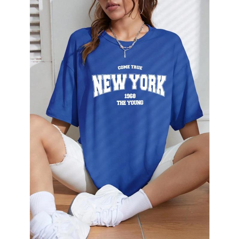 

Летняя футболка с круглым вырезом и принтом надписи NEW YORK 1968 THE YOUNG , модная, повседневная, из чистого хлопка, с коротким рукавом, женская S