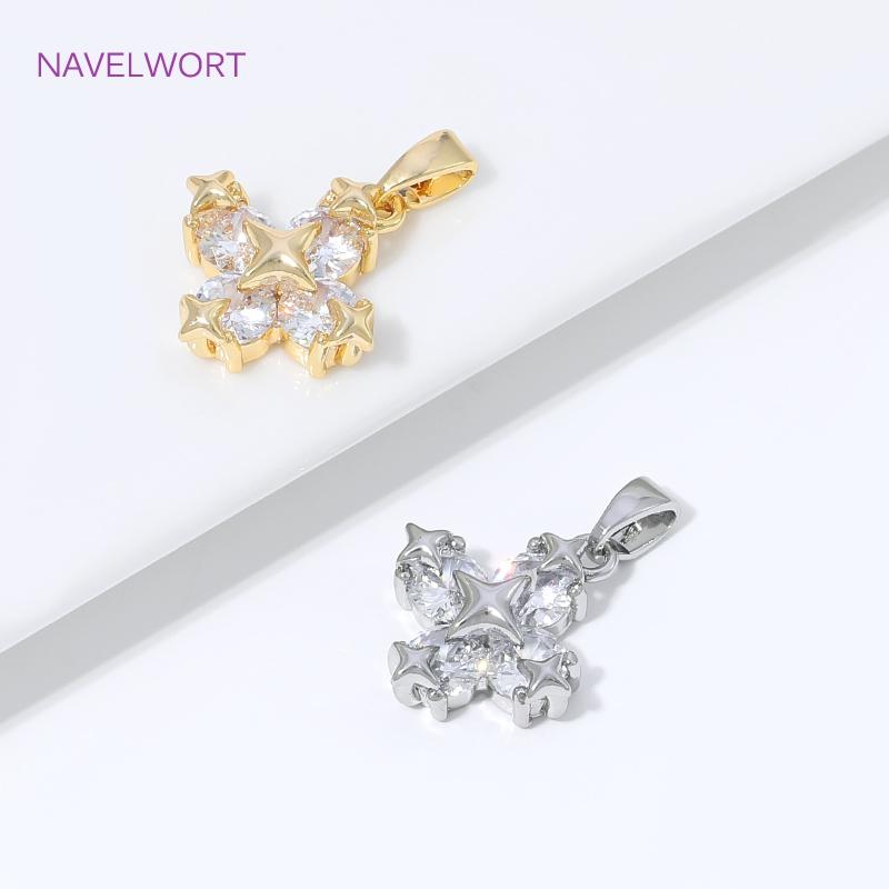 18K Gold Plated Brass Star Cross Charms Pendants For Necklace Making,Inlaid Zircon Decorative Pendants,DIY Jewelry Accessories