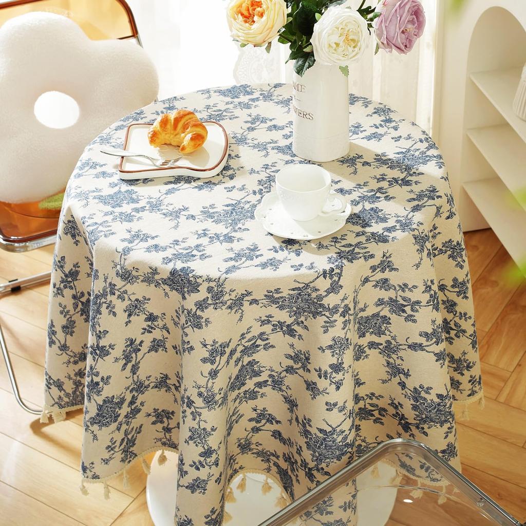 Pastoral Round Tablecloth, Vintage Cotton Linen Washable Table Cloth, Blue Flower Table Cover For Patio Table, Dining Room Decor