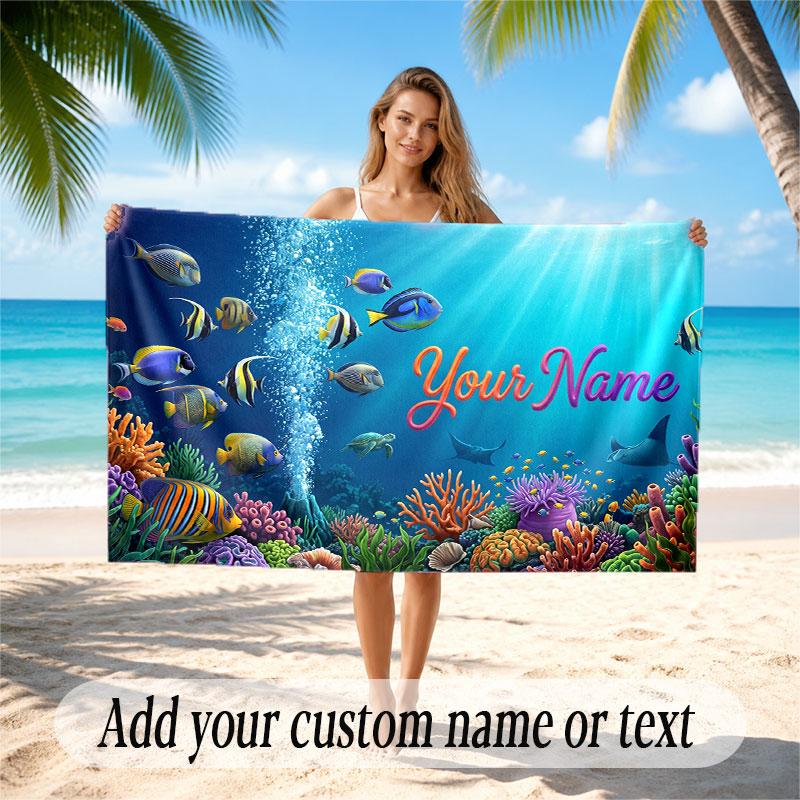 Fish Ocean Theme Beach Towel Personalized Custom Name & Text Soft Quick Dry Beach Towel for Swimming Travel
