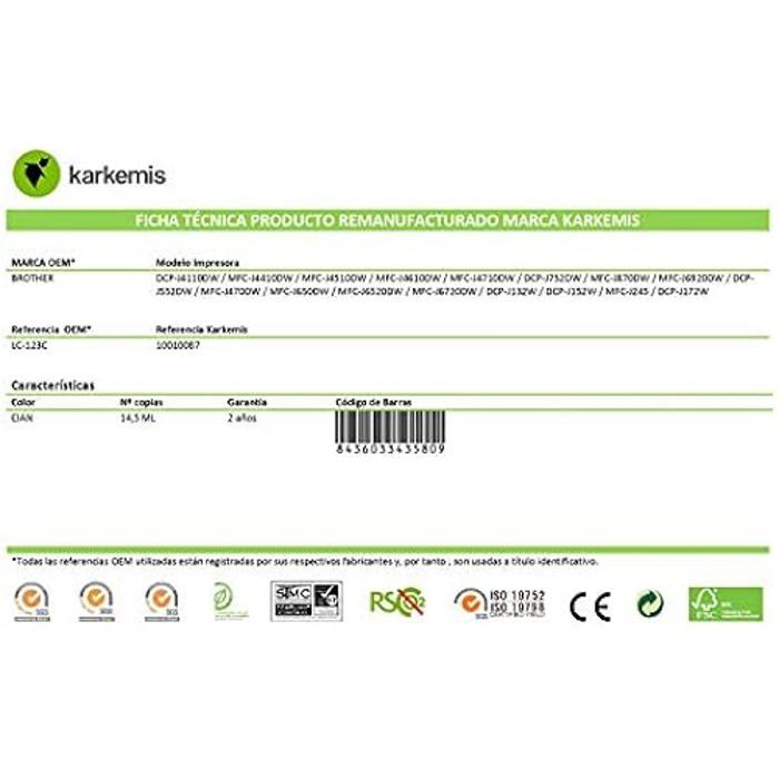 Cartouche D'encre - KARKEMIS - Brother LC-123 - Couleur Cyan - 10 Ml - Rendement 2500 Pages
