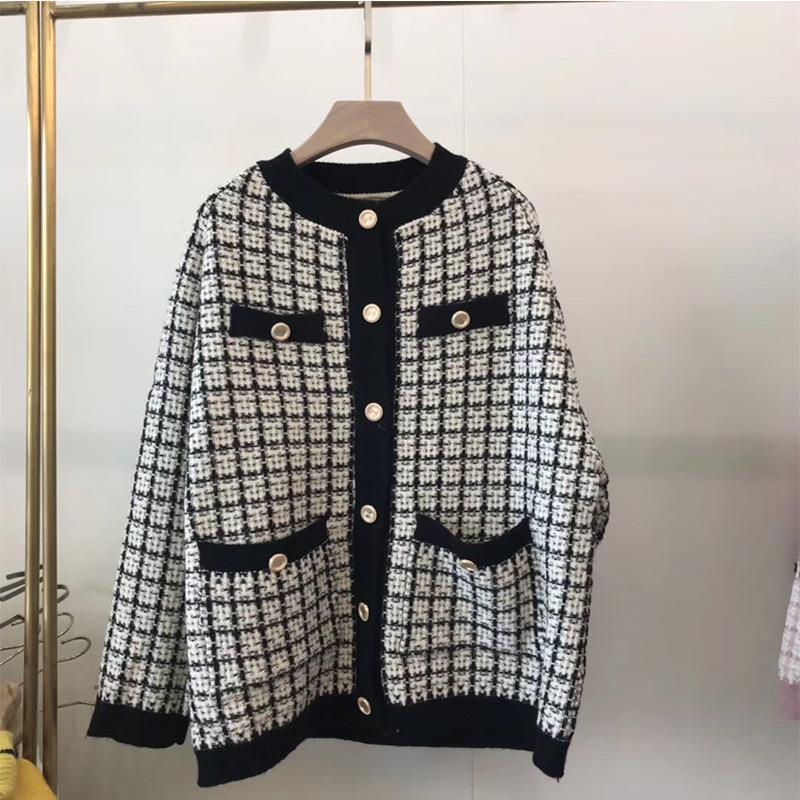 Women's Loose Houndstooth Knit Cardigan - Korean Style, Autumn 2026