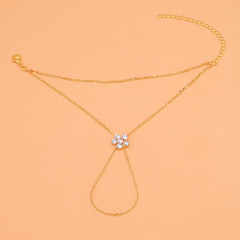 Minimalist Metal Inlaid Flower Zircon Finger Bracelet for Women Trendy Gold Color Thin Chain Double-Layer Hand Chain Zircon золотой