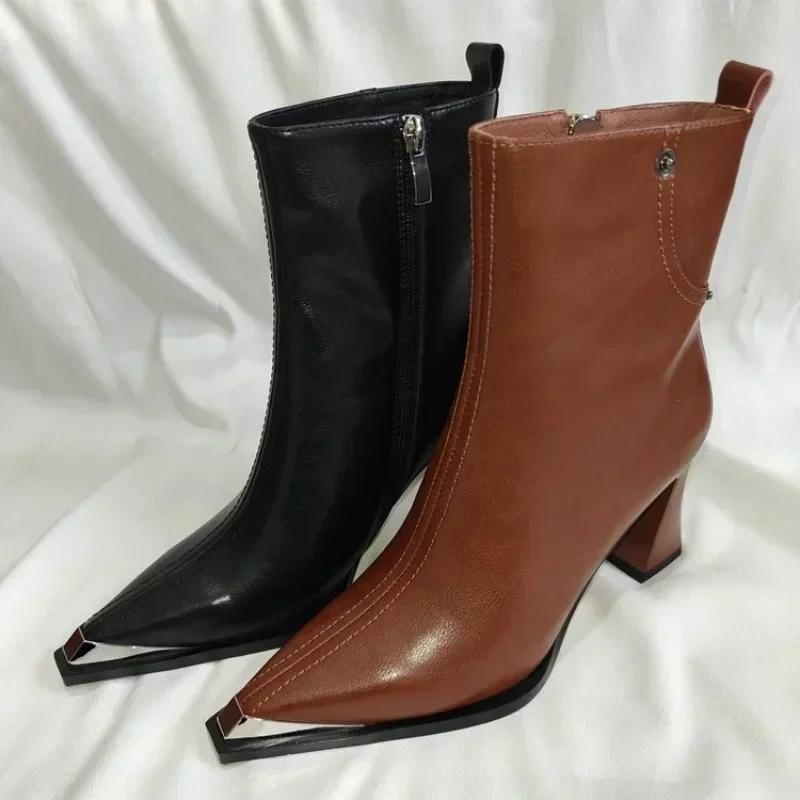 Fashion 2025 New Vintage Brown Women Ankle Boots Fashion Elegant Square Toe Shoes Autumn Winter Thick Heel Women's Short Booties  34-40