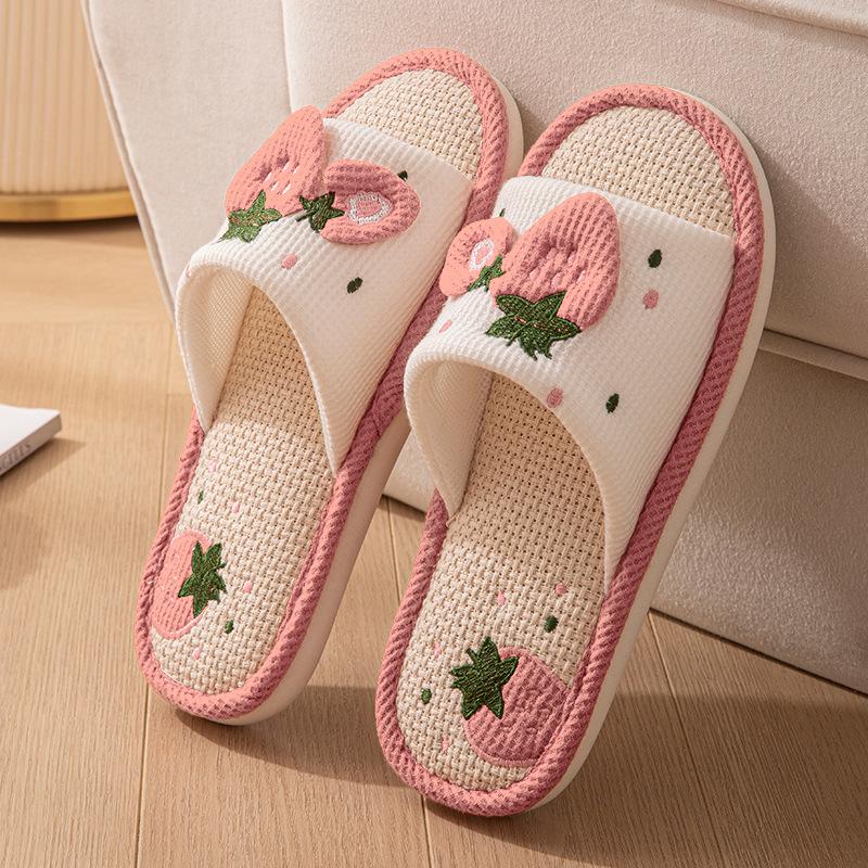 Women's Breathable Strawberry Linen Slippers - Non-slip, Sweat-absorbent, Soft Sole, Silent for All Seasons