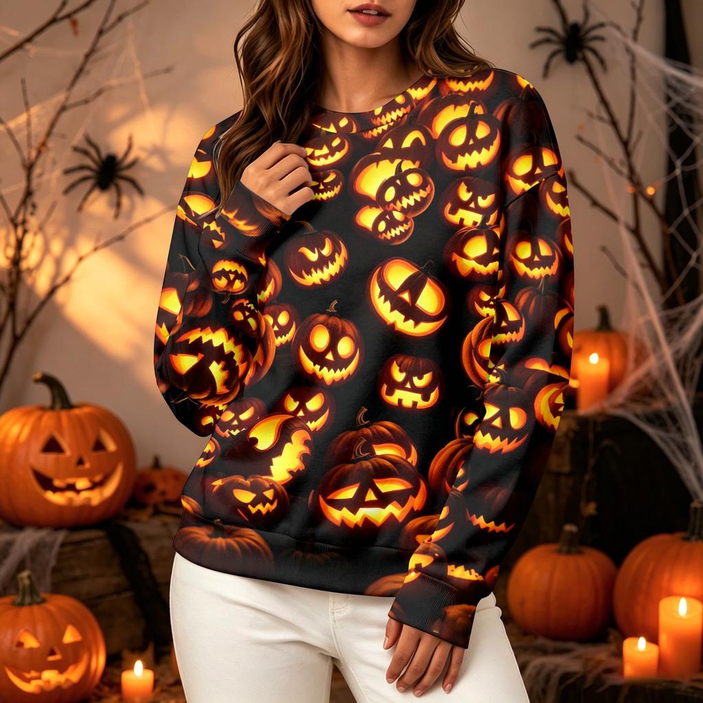 Women's Halloween Long Sleeve Sweatshirt with Pumpkin Print, Round Neck Pullover Top for Casual Daily Wear
