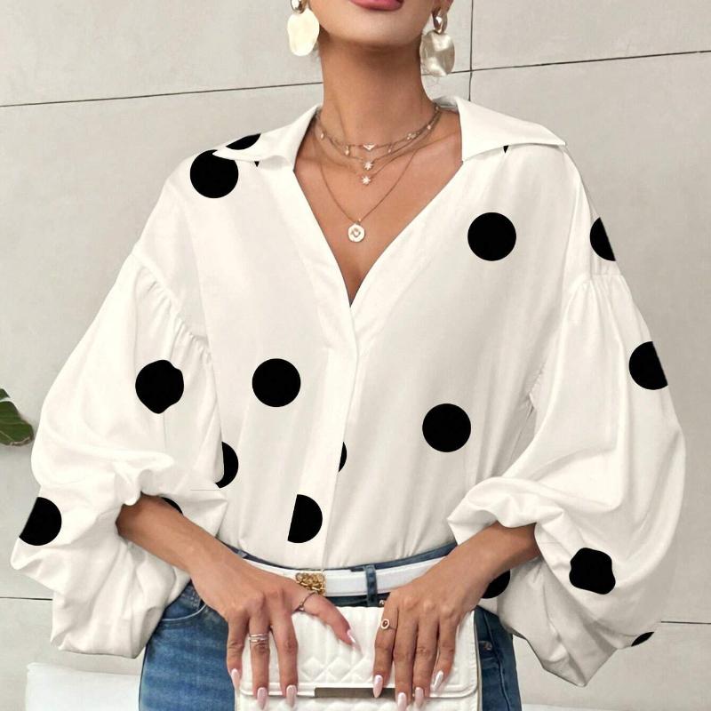 2025 New Style, Niche, French Polka Dot, Semi Open Neck Design, Loose Fit, Bubble Long Sleeved, Top, Autumn Women's Top, Autumn Interior Outfit