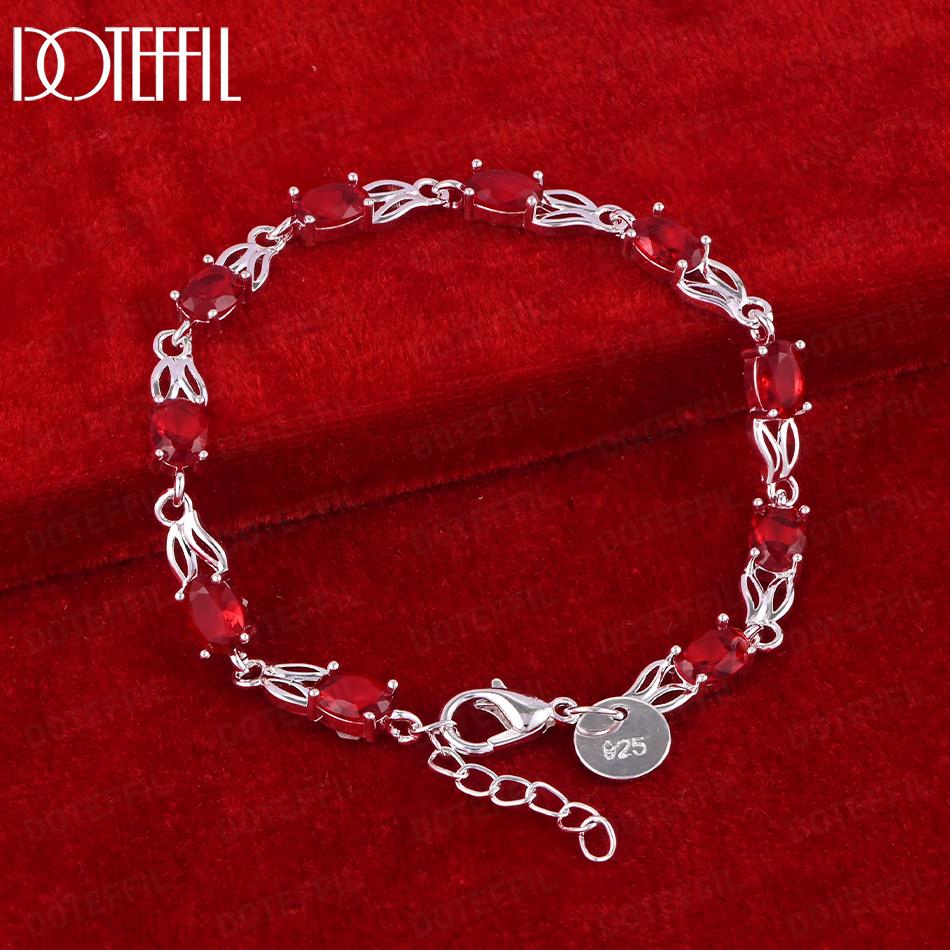 925 Sterling Silver Wedding Jewelry Gift Red AAA Zircon Bracelet