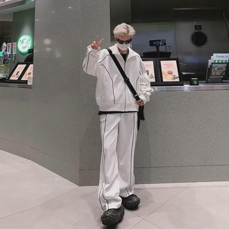 Men's Trendy Loose-Fit Sports Suit: Korean-Style Solid Color Jacket & Casual Pants Two-Piece Set for Spring/Autumn.