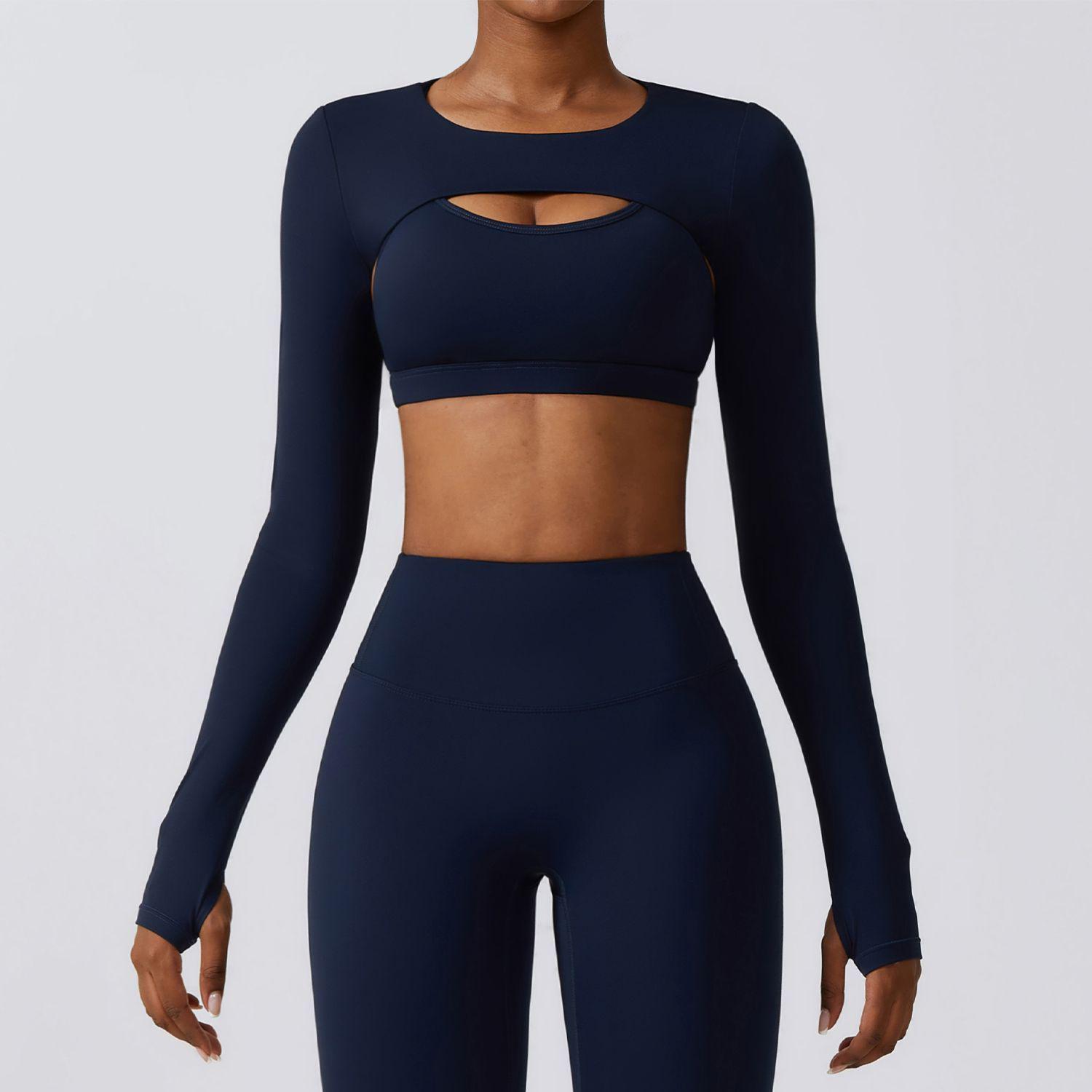 

Women s Two-Piece Yoga Set: Sexy Crop Top with Built-in Bra & Thumbholes for Outdoor Sports Large темно-синього кольору