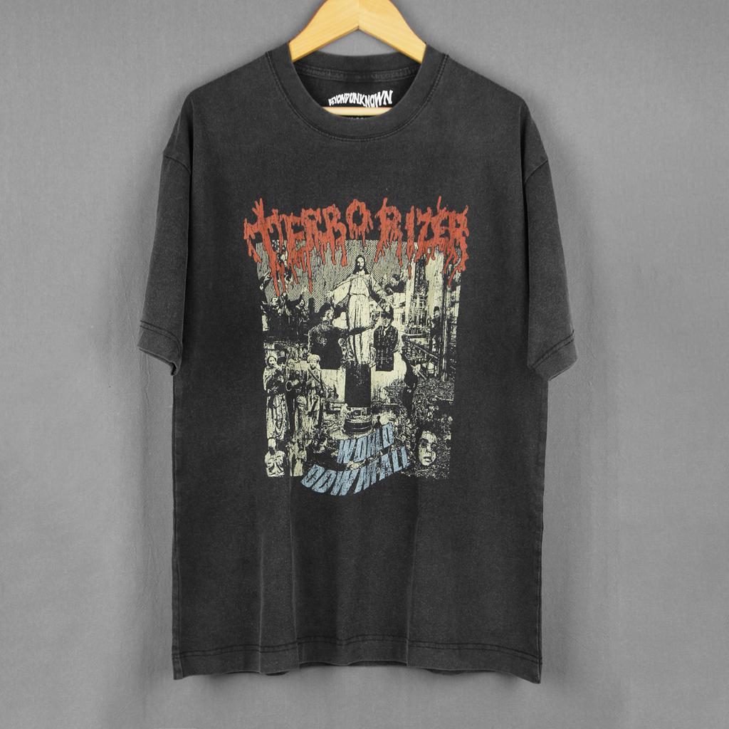 Terrorizer TShirt World Downfall Repulsion Napalm Death Metal Band Washed Cotton Vintage Short Sleeves Clothing Mens Shirts