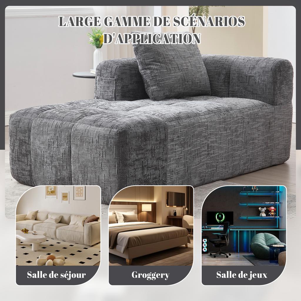 Comfortable Chaise Longue Sofa, No Assembly Required, Soft Sofa with Cushion, Side Pockets for Remote Control and Mobile Phone, Neat and Stylish, Gray