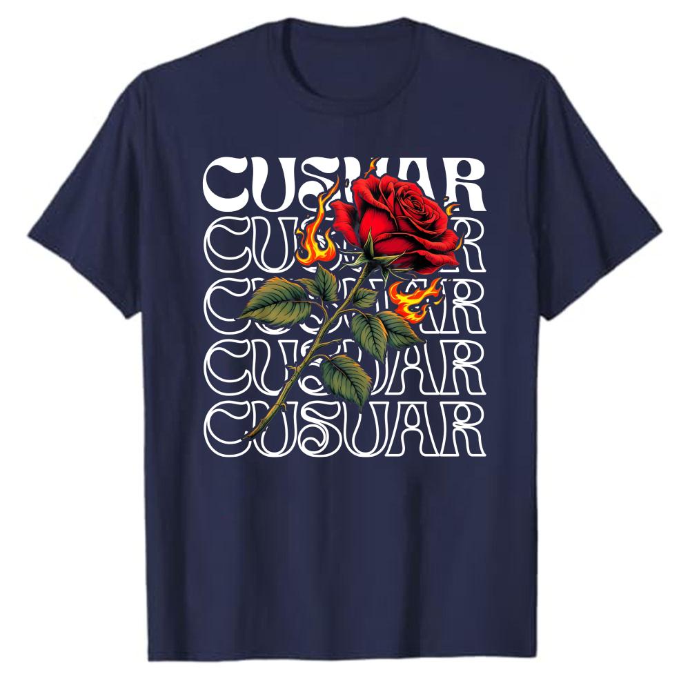 Burning Red Rose with Flame Repeated Cotton T Shirt CUSTOMAR Text Graphic Print Gothic Streetwear Aesthetic Casual Gift Tops