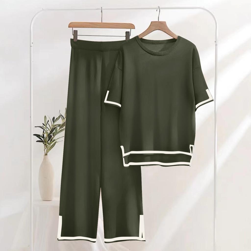 Womens Knit 2 Piece Sweater Sets Short Sleeve Pullover Tops Elastic Waist Wide Leg Pants Women Set