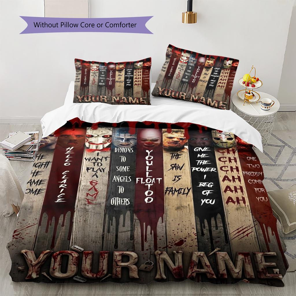 Name Custom Horror Halloween Pattern Bedding Set Quilt Cover Pillowcase Home Decor Gift (1 * duvet cover + 2 * pillowcase, without core)