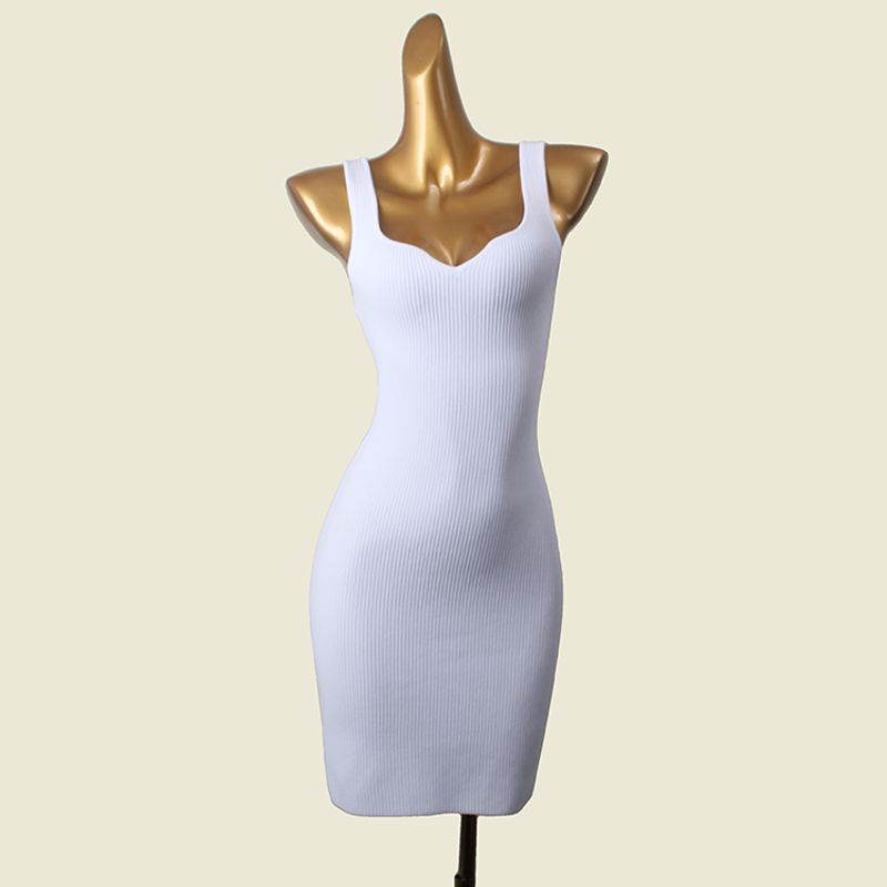 

Fashion Sexy Water Drop Collar Bodycon Dress Summer Medium Stretch Thread Pure Color Sexy Square-Neck Knitting Export Dress White S