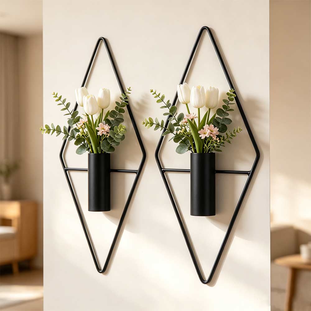 2PCS Black Wall Hanging Vase Iron Wall Mount Flower Vase Modern Metal Wall Vase  Bedroom