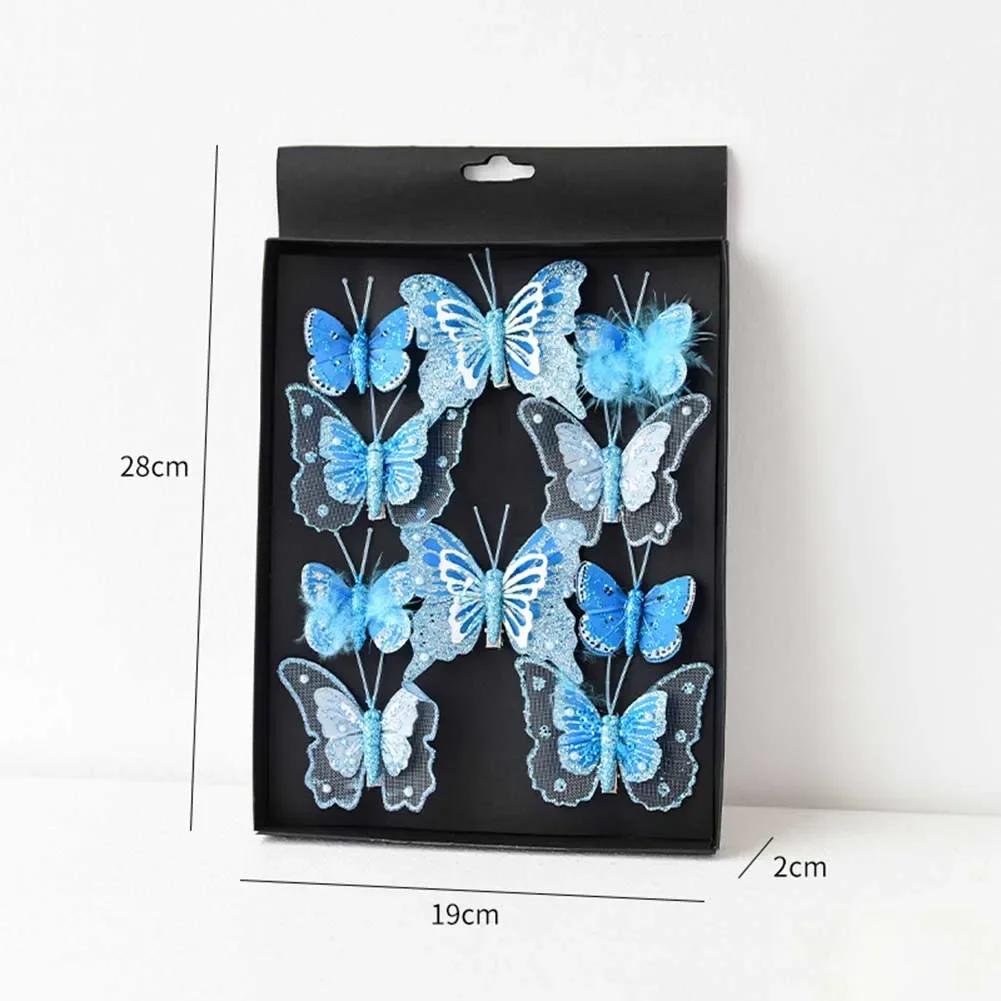 Набор из 10 рождественских искусственных украшений-бабочек с клипсами ручной работы для венков, елок и гирлянд, легкий пластик синий