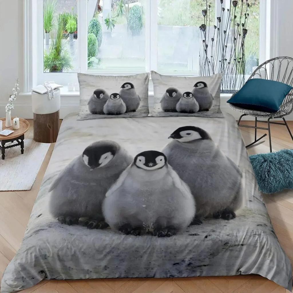 Penguin Duvet Cover Set Full Cute Animals Bedding Set Snow Decor Comforter Cover Set Cute Penguin Animal Quilt Cover Queen Size
