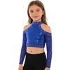 Girls Shiny Sequins Crop Top Long Sleeve Back Neck Press Buttons Closure Dance Shirt