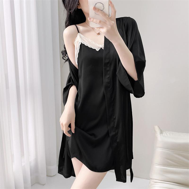 Sexy Pajamas Women Ice Ribbon Chest Pad Lace Pure Wind Suspender Pajamas New Silk Loungewear