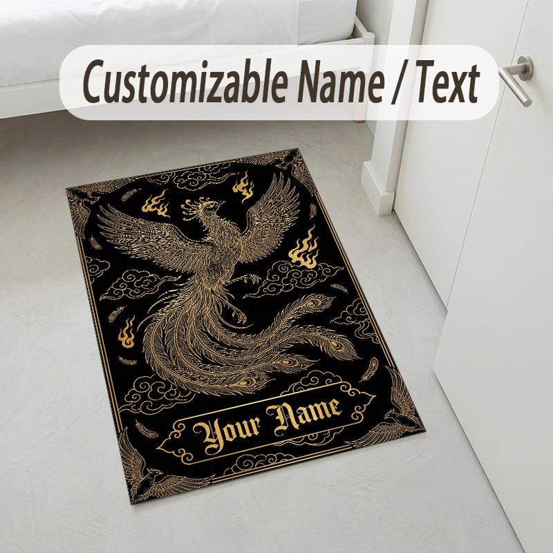 Dragon Phoenix Theme Crystal Velvet Rug Personalized Custom Name Text Soft Floor Mat Home Decor