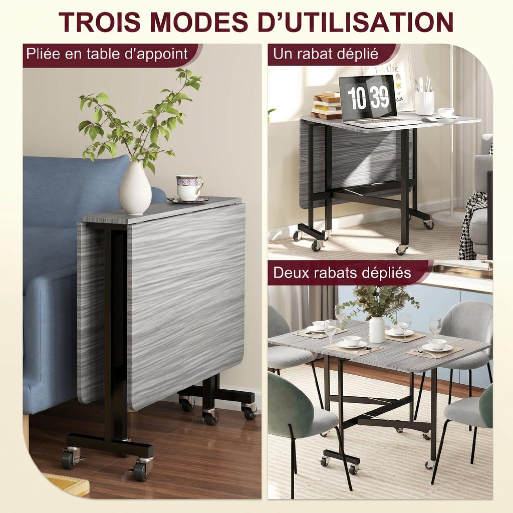 Folding Dining Table on Wheels, 4-6 People, 120 cm, Braked Wheels, 2 Drop Leaves, Industrial, Grey