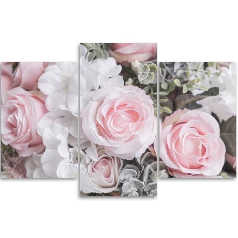 Three Piece Picture Canvas Print Pink Roses Flower Nature