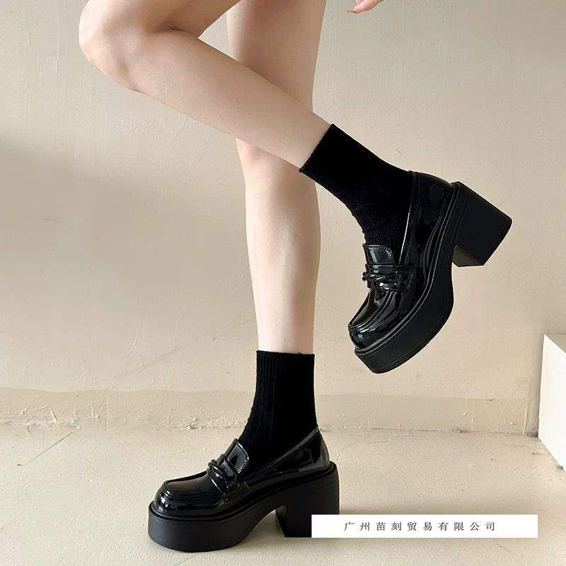 Black Round Head Small Man Increases Height with One Pedal Loafers Women's Spring British Style Platform Small Leather Shoes