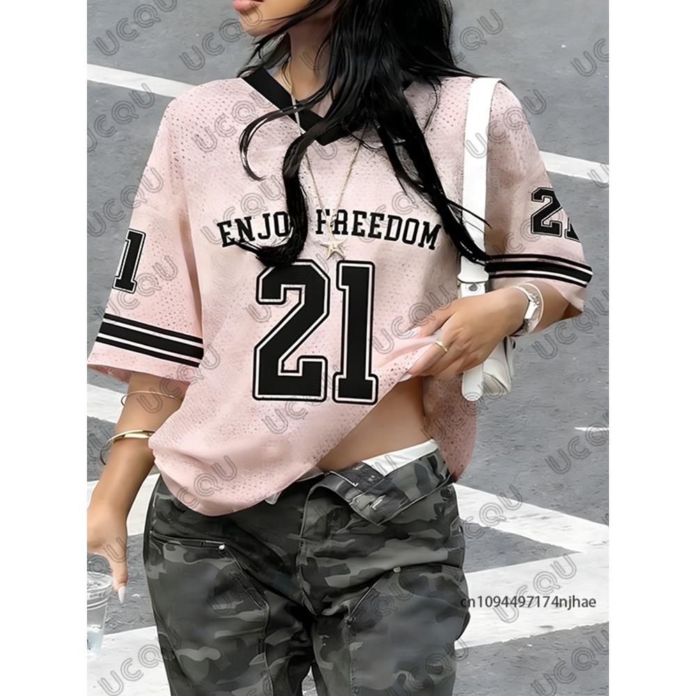 Summer New Black Enjoy Freedom 21 Print T-Shirt For Women V-Neck Short Sleeve Sports Football Jersey Y2K Loose Oversized Tops