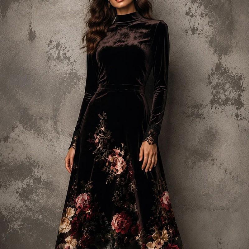 Womens Velvet Long Sleeve A-Line Dress With 3D Floral Embellishment Winter Elegant Party