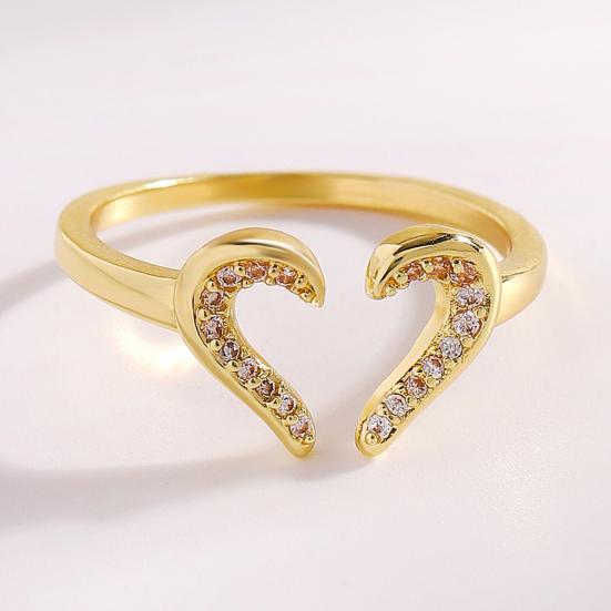 Women Ring Adjustable Open Heart Shape Finger Ring with Cubic Zirconia Semi-Inlaid Design Formal Wear Jewelry Gift