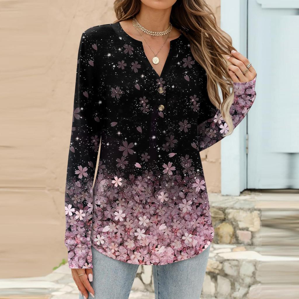 Women's Fashion Casual Floral Print Long Sleeve T-Shirt Pullover Top